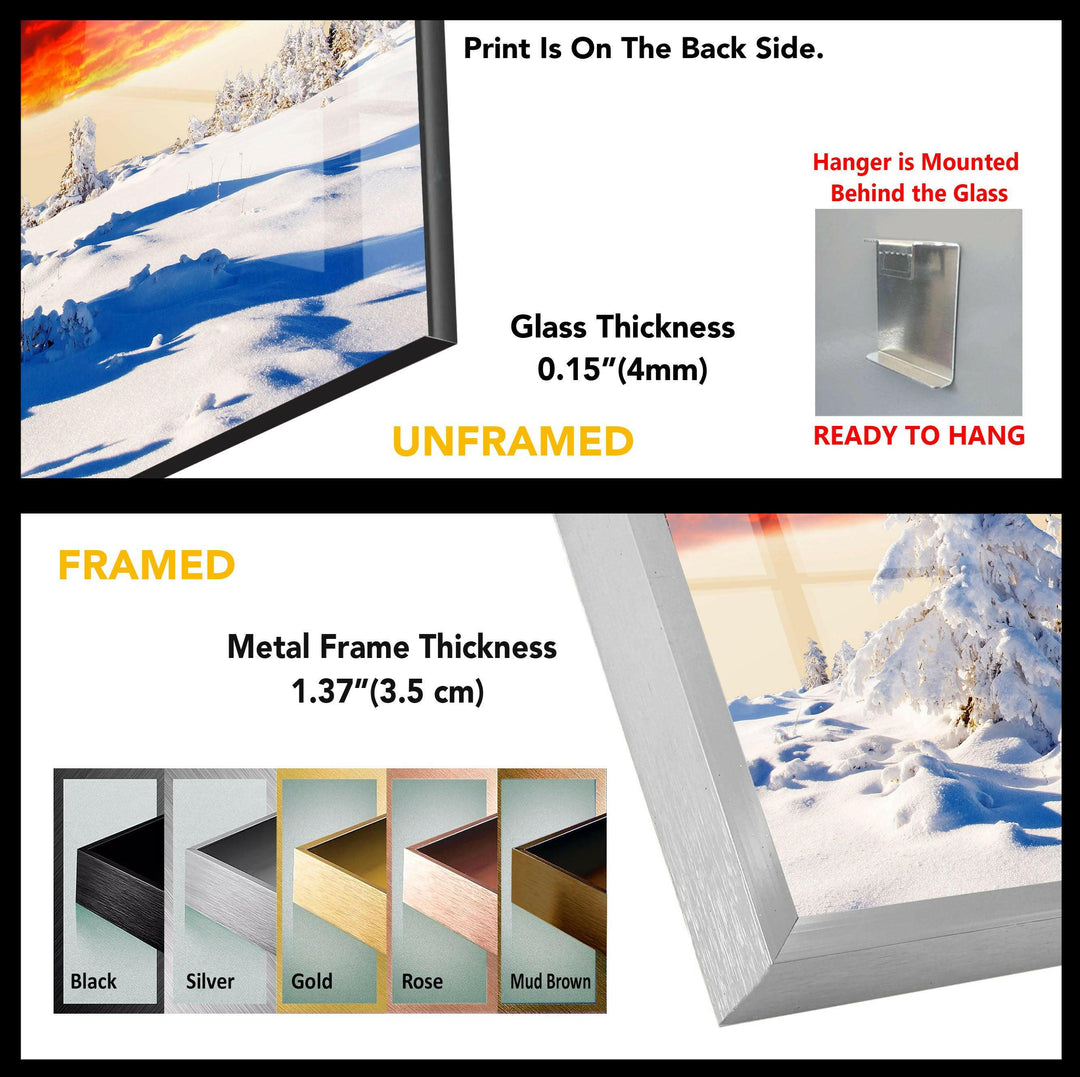 Snowy Sunset Landscape: A Breathtaking Winter Scene on Glass Wall Art