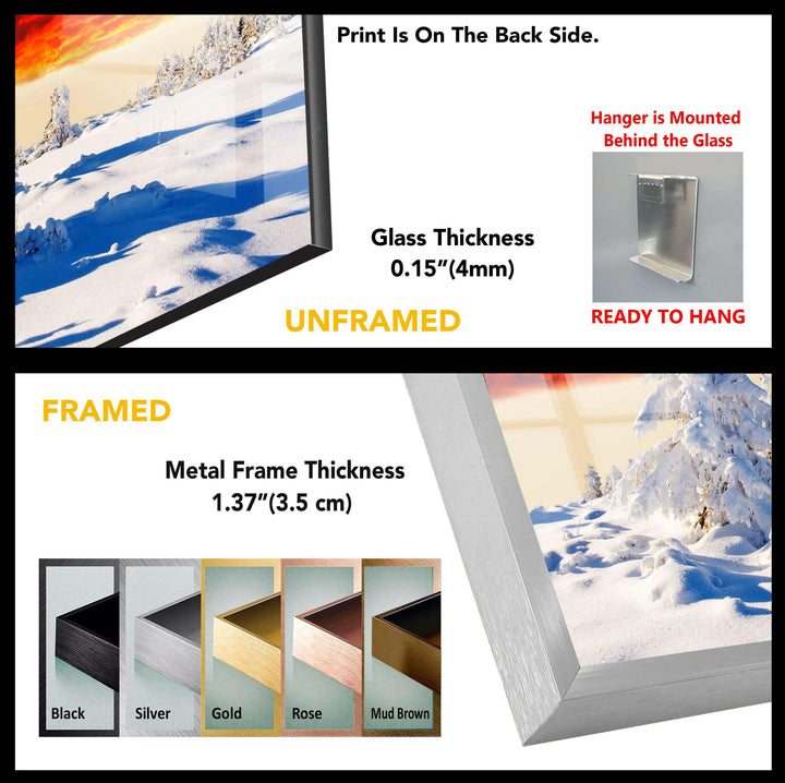 Snowy Sunset Landscape: A Breathtaking Winter Scene on Glass Wall Art