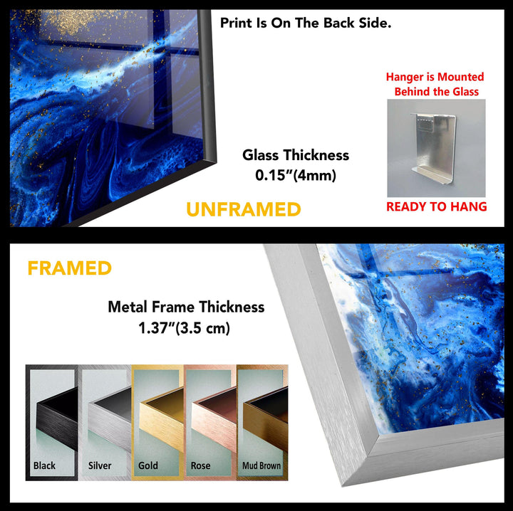 Marbled Blue and Gold Abstract Glass Wall Art