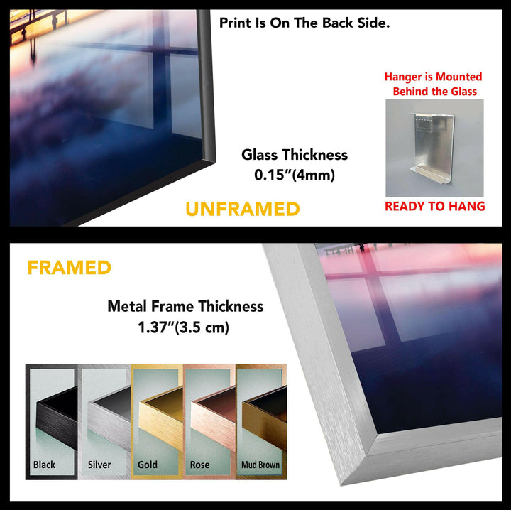 Serene Sunset Pier - Glass Wall Art with Reflective Ocean View
