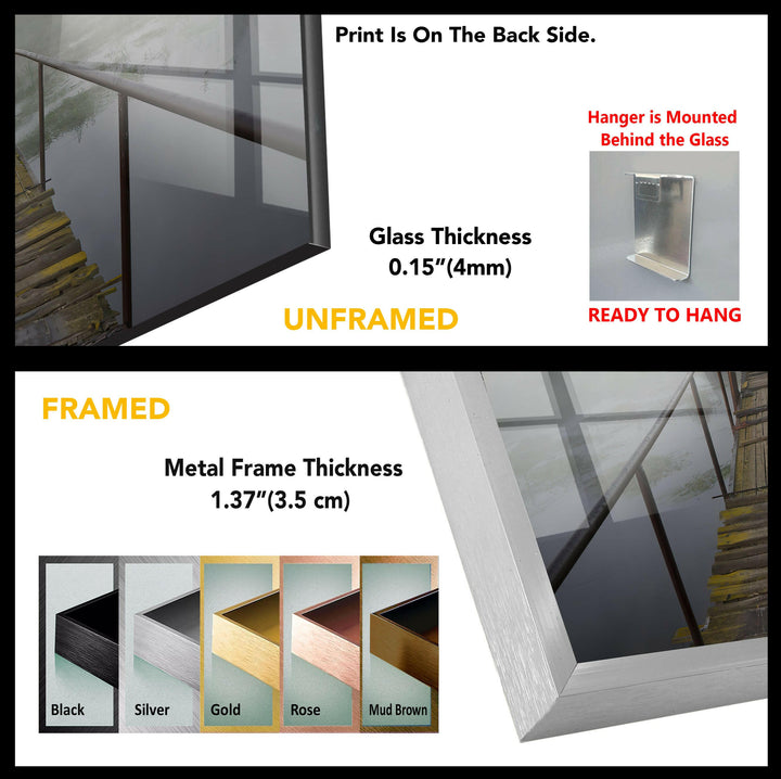 Misty Wooden Bridge Over Water: A Serene Glass Wall Art