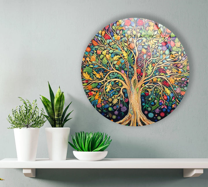 Colorful Tree of Life Wall Art – Round Glass Print with Vibrant Botanical Design for Nature-Inspired Home Decor - MyPhotoStation