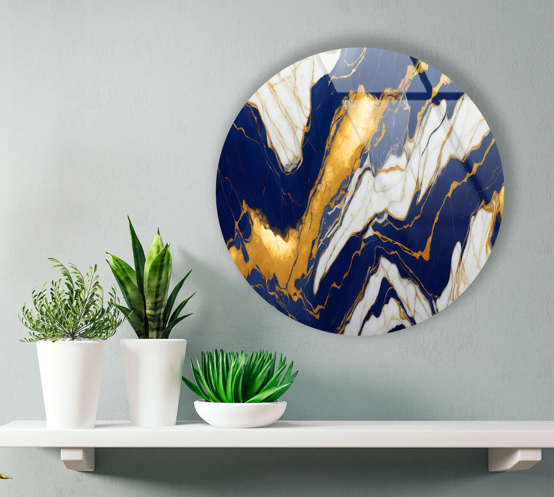 Royal Blue & Gold Marble Round Wall Art – Luxurious Tempered Glass Accent for Modern Interiors - MyPhotoStation