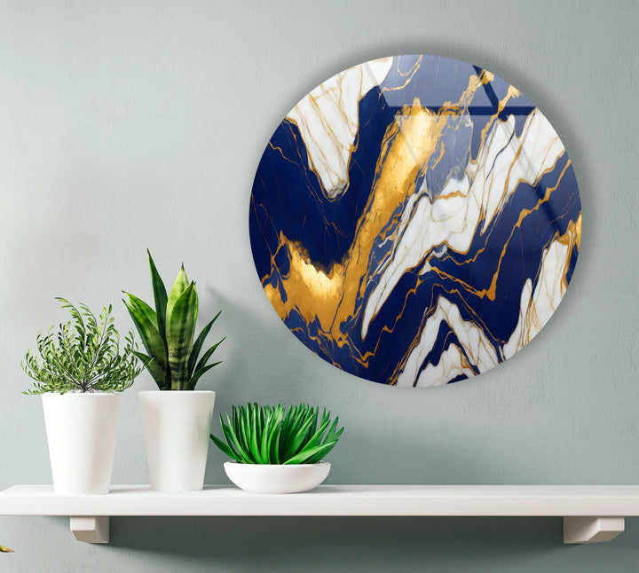 Royal Blue & Gold Marble Round Wall Art – Luxurious Tempered Glass Accent for Modern Interiors - MyPhotoStation