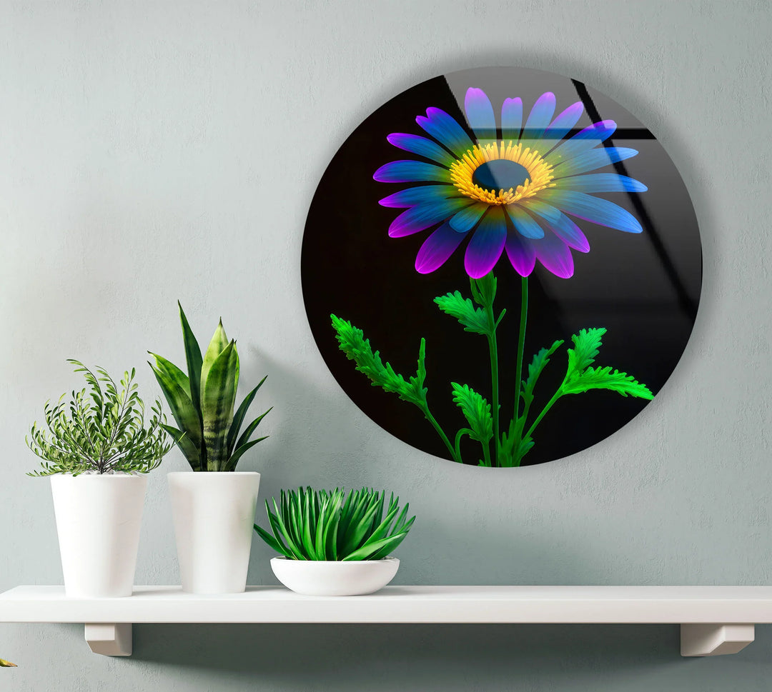 Neon Daisy Flower Wall Art – Round Glass Print with Black Background, Colorful Petals & Green Stem - MyPhotoStation