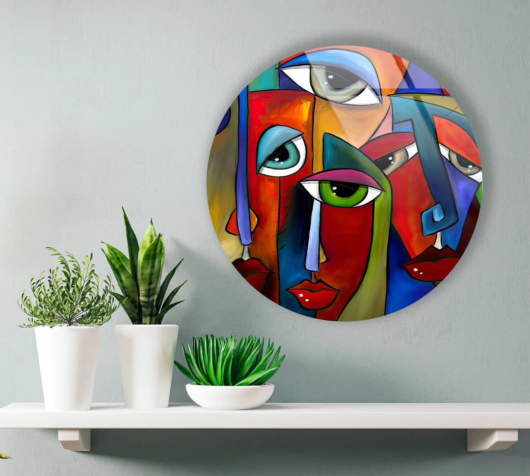 Colorful Cubist Face Round Wall Art – Abstract Glass Decor with Modern Picasso Style - MyPhotoStation