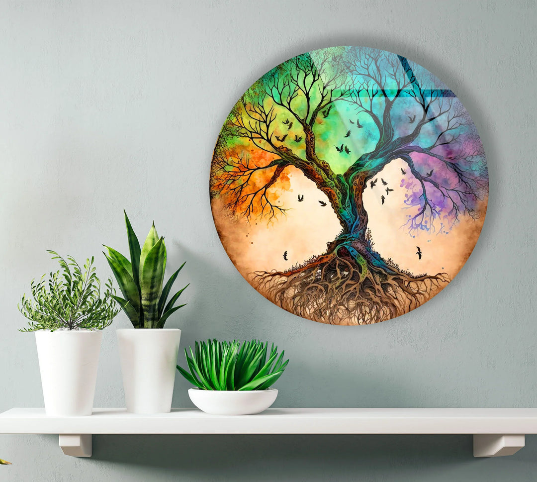 Dual Tree of Life Wall Art – Colorful Round Glass Print with Roots and Birds for Modern Home Decor - MyPhotoStation