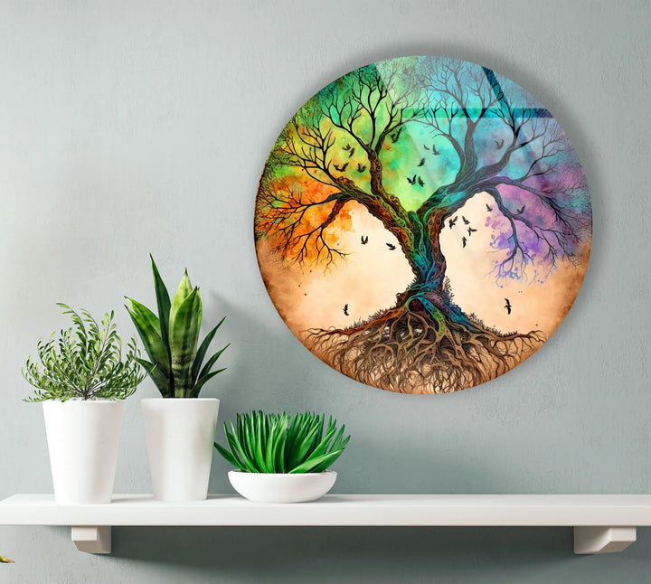 Dual Tree of Life Wall Art – Colorful Round Glass Print with Roots and Birds for Modern Home Decor - MyPhotoStation