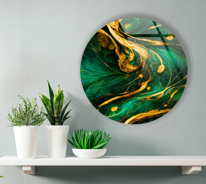 Emerald Gold Abstract Round Wall Art – Luxury Glass Decor for Modern Interiors - MyPhotoStation