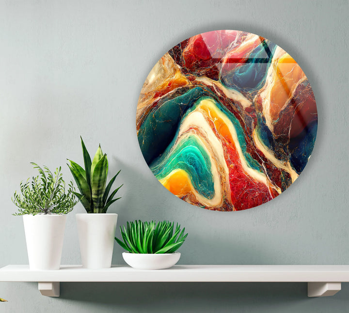 Colorful Marble Swirl Round Wall Art – Abstract Glass Decor with Earthy Tones & Gemstone Texture - MyPhotoStation