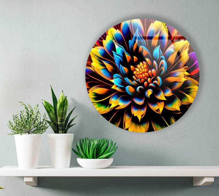 Vibrant Neon Flower Wall Art – Round Glass Decor with Black Background, Bold Petals & UV Print - MyPhotoStation