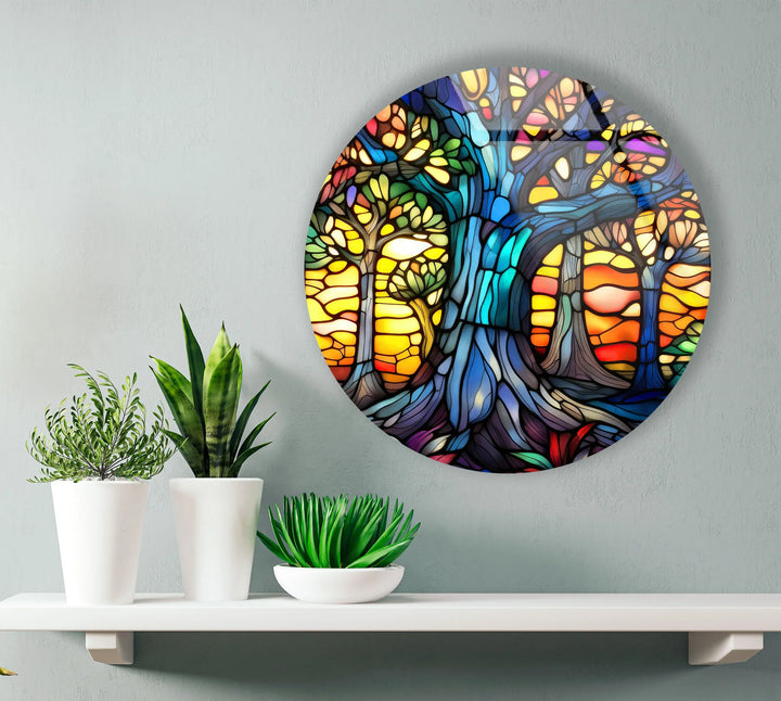 Stained Glass Tree of Life Wall Art – Round Vibrant Forest Print for Spiritual Home Decor - MyPhotoStation