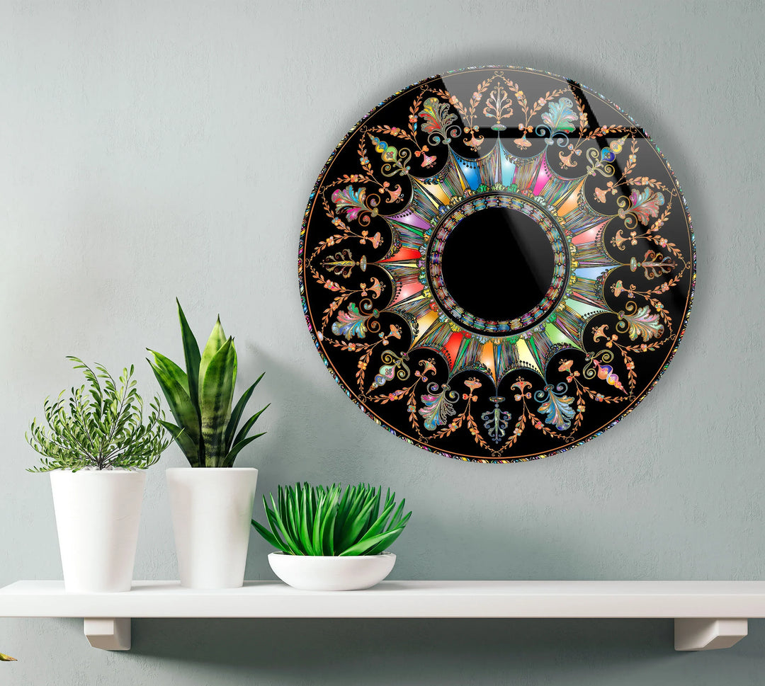 Mandala Round Wall Art – Ornate Colorful Glass Print with Black Background for Luxe Boho or Modern Decor - MyPhotoStation
