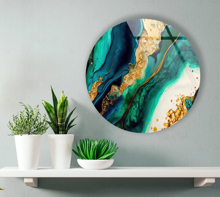 Turquoise Gold Marble Round Wall Art – Ocean-Inspired Luxury Glass Decor for Modern Interiors - MyPhotoStation