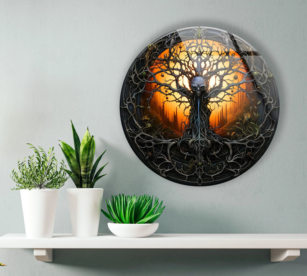 Gothic Skull Tree Round Wall Art – Dark Fantasy Glass Decor for Horror & Halloween Lovers - MyPhotoStation
