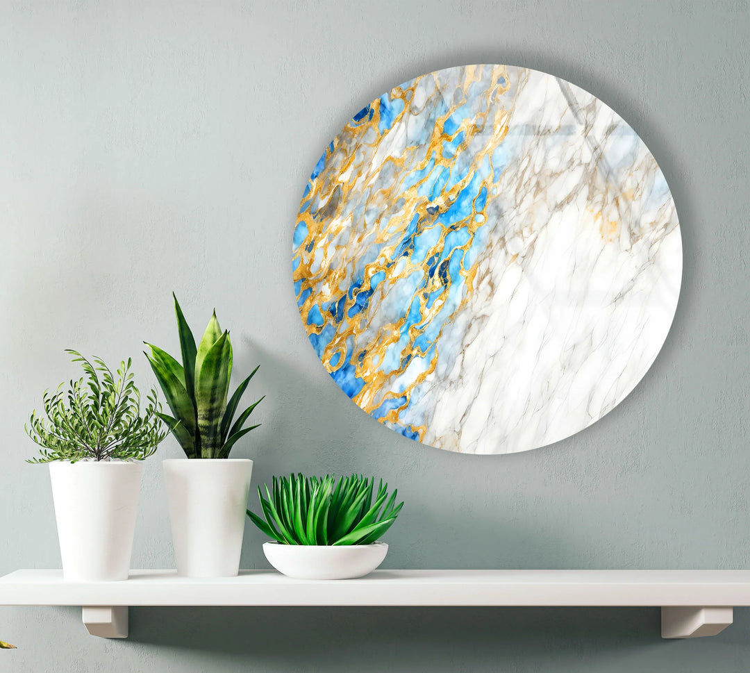 White Marble and Gold Wall Art – Elegant Glass Print with Blue Accents for Modern Luxe Interiors - MyPhotoStation