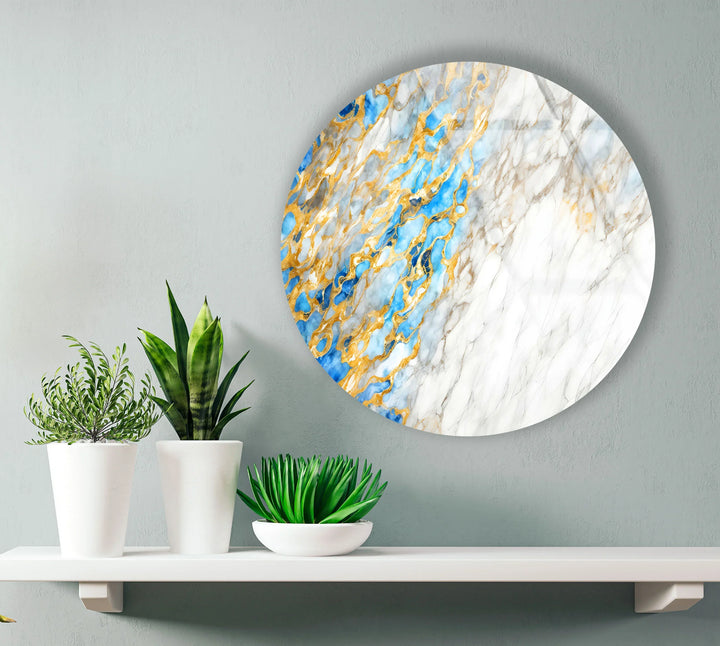 White Marble and Gold Wall Art – Elegant Glass Print with Blue Accents for Modern Luxe Interiors - MyPhotoStation