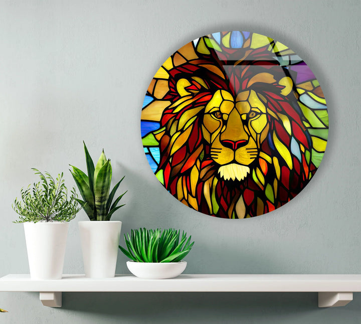 Stained Glass Lion Wall Art – Round Majestic Jungle King Glass Decor - MyPhotoStation