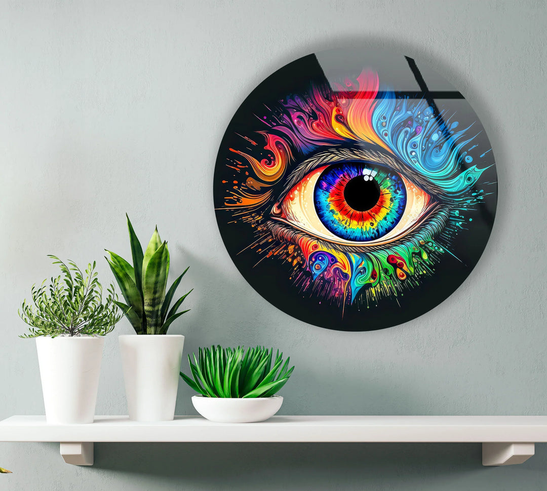 Psychedelic Eye Wall Art – Vivid Rainbow Glass Print with Color Explosion on Black for Visionary and Modern Interiors - MyPhotoStation