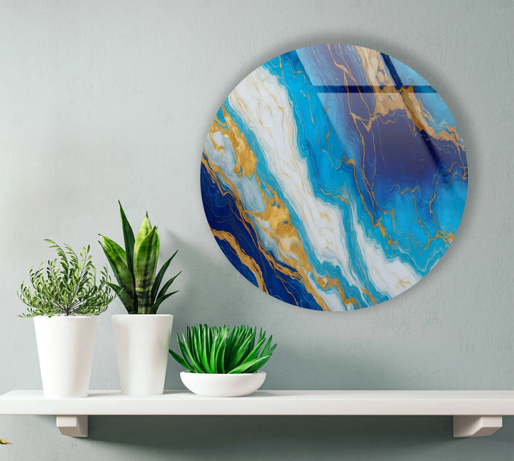 Turquoise & Sapphire Marble Round Wall Art – Elegant Glass Print for Luxurious Modern Decor - MyPhotoStation