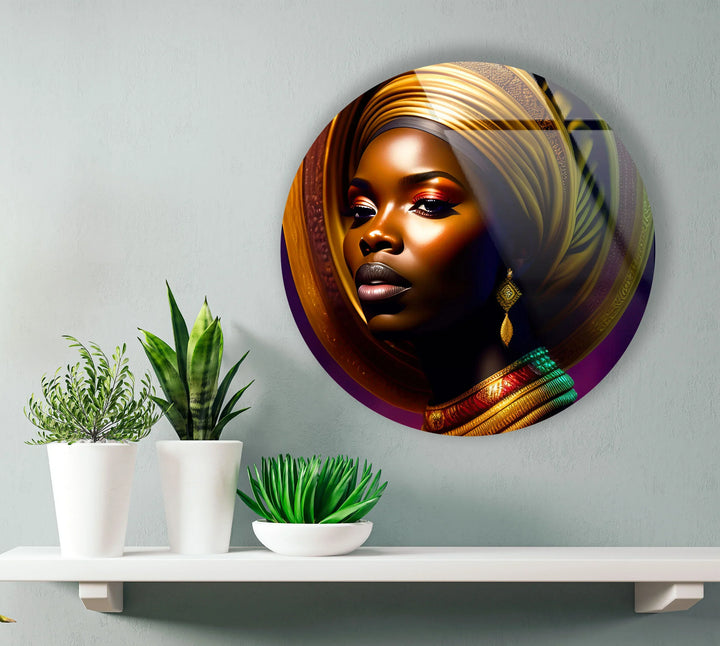 African Woman Portrait Wall Art – Bold Round Glass Print with Golden Headwrap for Modern & Cultural Decor - MyPhotoStation