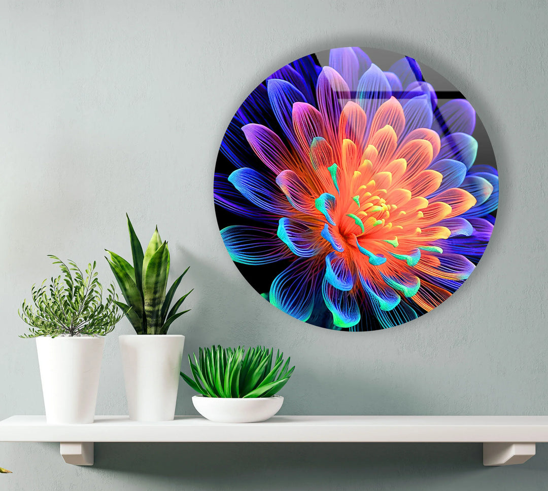 Radiant Neon Flower Glass Wall Art – Round Modern Decor with Vivid Color Petals - MyPhotoStation
