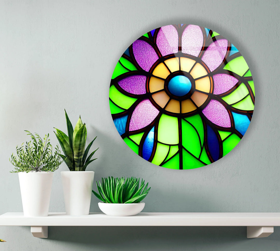 Stained Glass Flower Wall Art – Vibrant Purple and Green Glass Print for Colorful Botanical and Modern Interiors - MyPhotoStation