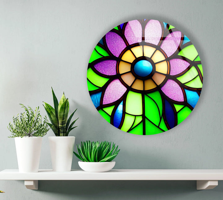 Stained Glass Flower Wall Art – Vibrant Purple and Green Glass Print for Colorful Botanical and Modern Interiors - MyPhotoStation