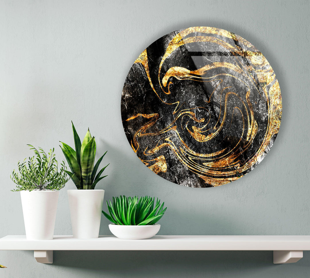 Black and Gold Abstract Wall Art – Textured Glass Print with Swirling Metallic Design for Luxe Industrial or Modern Interiors - MyPhotoStation