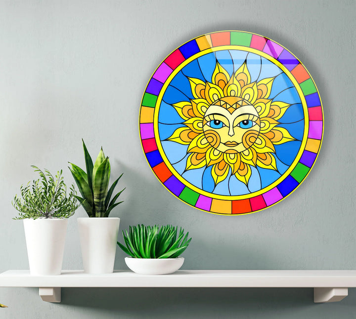 Colorful Sun Face Round Wall Art – Boho Celestial Decor in Glass - MyPhotoStation