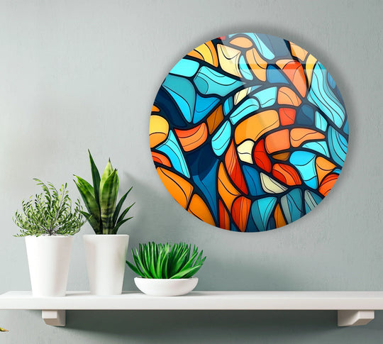 Revealing the dark borders and reflective edge of colorful abstract round wall art, showcasing a modern design achieved through impeccable glass printing.