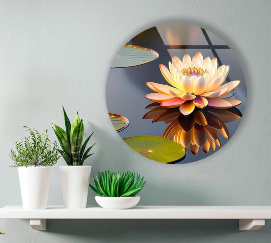 Soft golden hues dominate this round glass print wall art, featuring a tranquil reflection of a lotus flower, creating serene home decor.