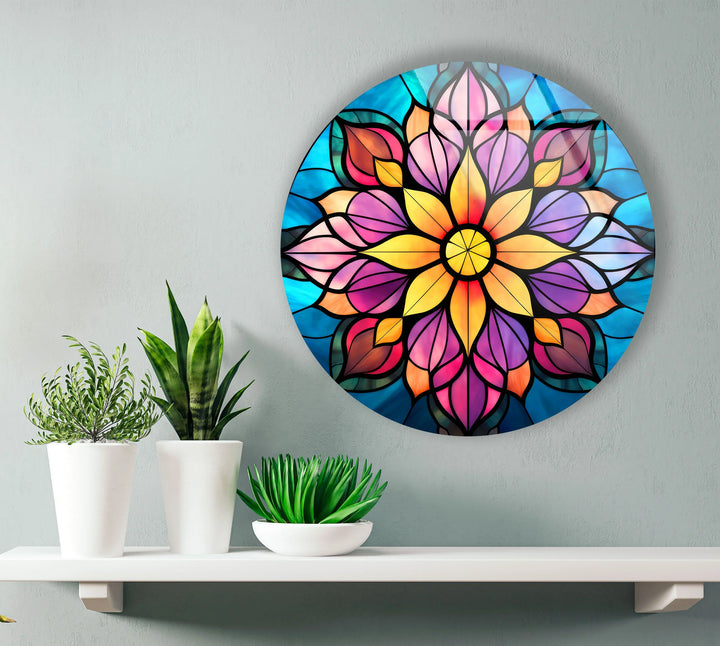 Mandala Lotus Flower Glass Wall Art – Round Stained Glass Style Floral Decor for Zen & Boho Homes - MyPhotoStation