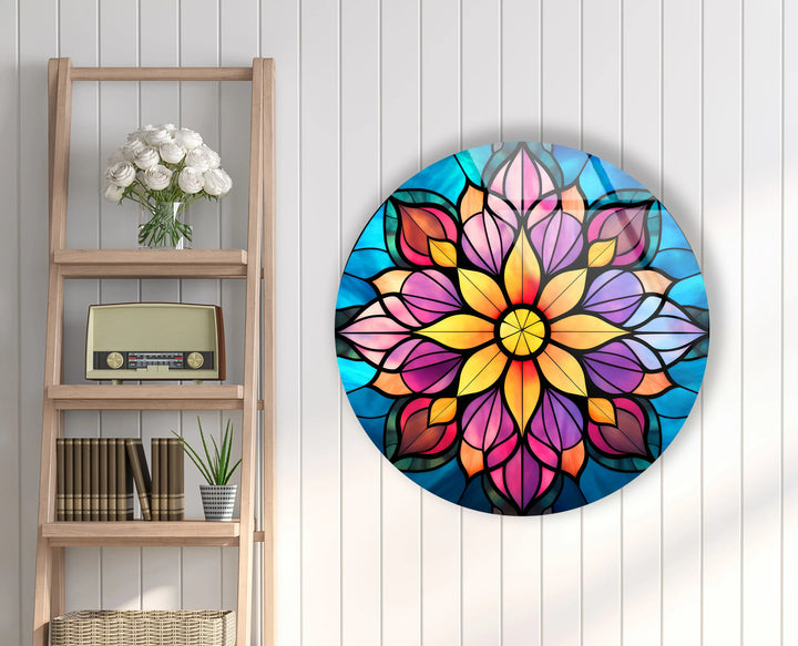 Mandala Lotus Flower Glass Wall Art – Round Stained Glass Style Floral Decor for Zen & Boho Homes - MyPhotoStation