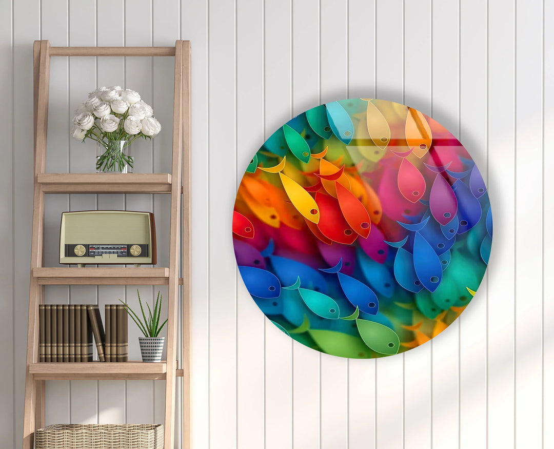 Rainbow Fish Round Wall Art – Vibrant Colorful Ocean-Inspired Glass Decor - MyPhotoStation