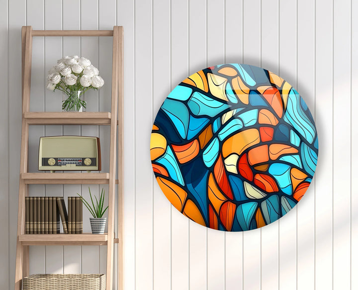 Colorful Abstract Stained Glass Round Wall Art – Blue Orange Modern Design - MyPhotoStation