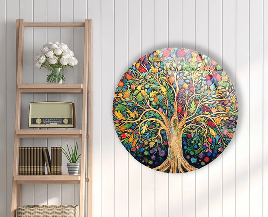 Featuring a smooth edge and border, this round golden petals tempered glass wall art showcases white floral elegance, adding a sophisticated touch.