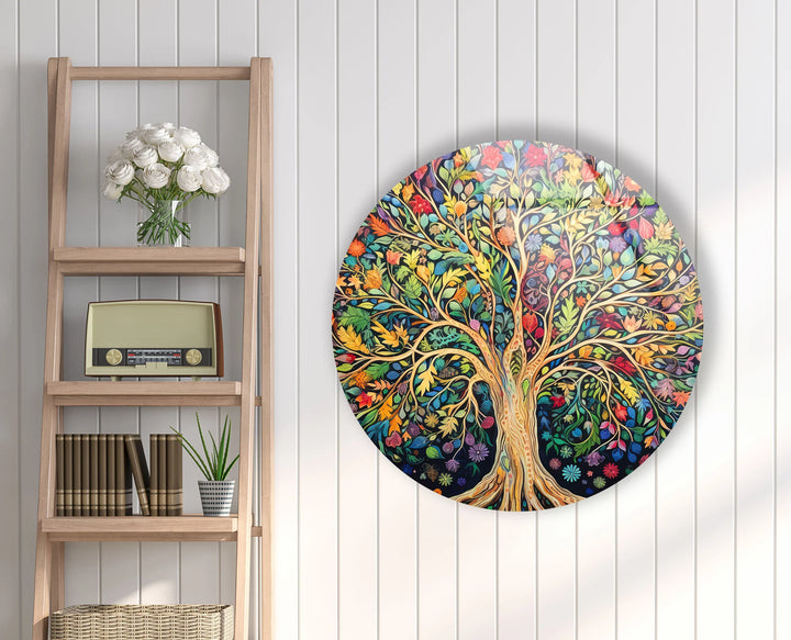 Colorful Tree of Life Wall Art – Round Glass Print with Vibrant Botanical Design for Nature-Inspired Home Decor - MyPhotoStation