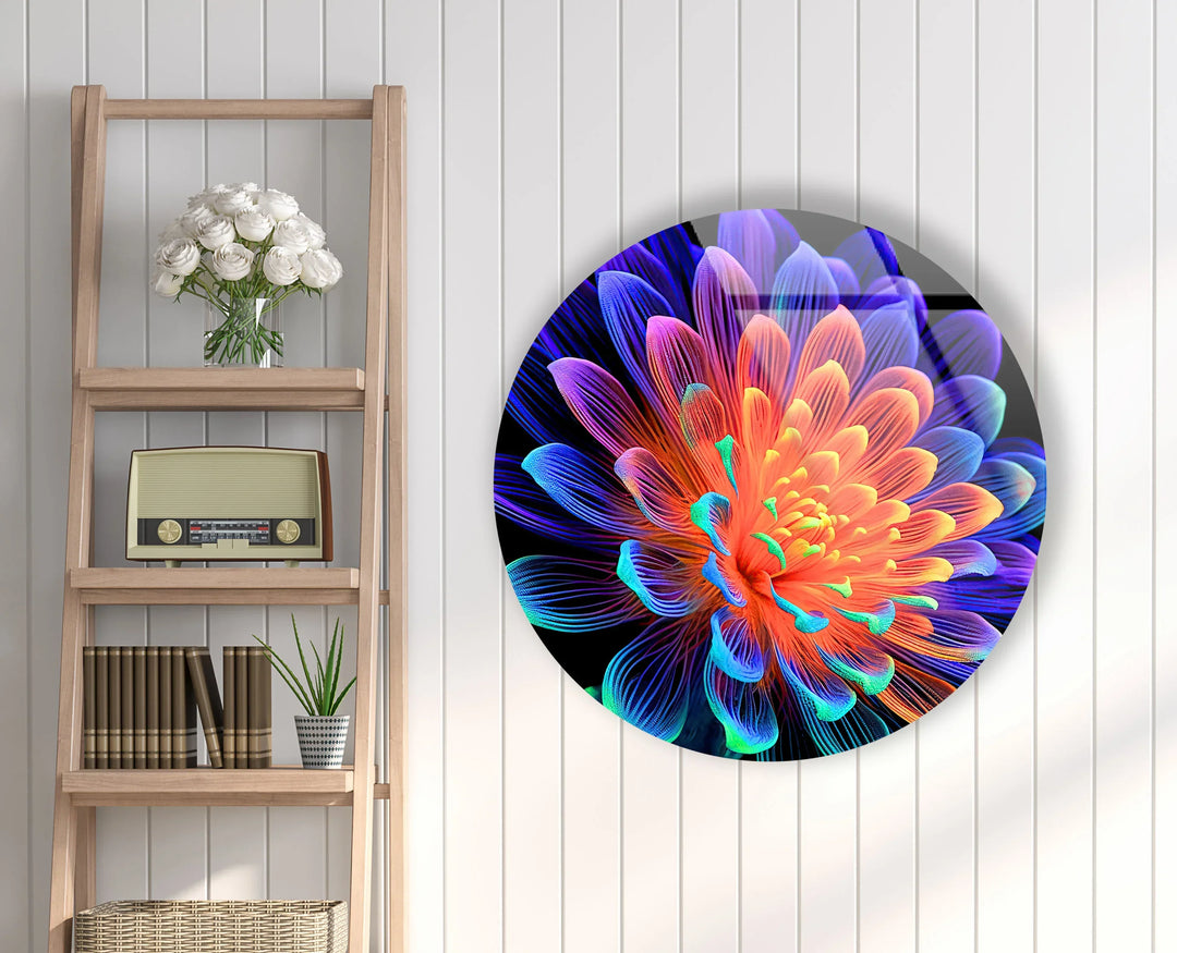 Radiant Neon Flower Glass Wall Art – Round Modern Decor with Vivid Color Petals - MyPhotoStation