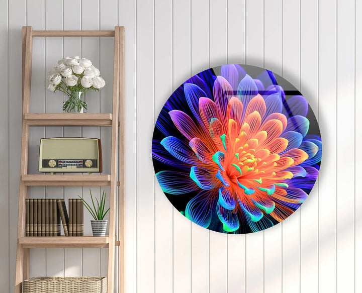 Radiant Neon Flower Glass Wall Art – Round Modern Decor with Vivid Color Petals - MyPhotoStation