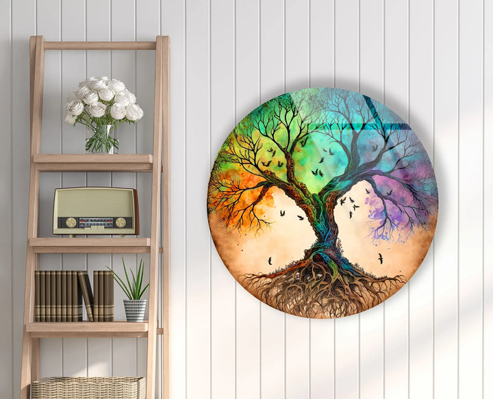 Dual Tree of Life Wall Art – Colorful Round Glass Print with Roots and Birds for Modern Home Decor - MyPhotoStation