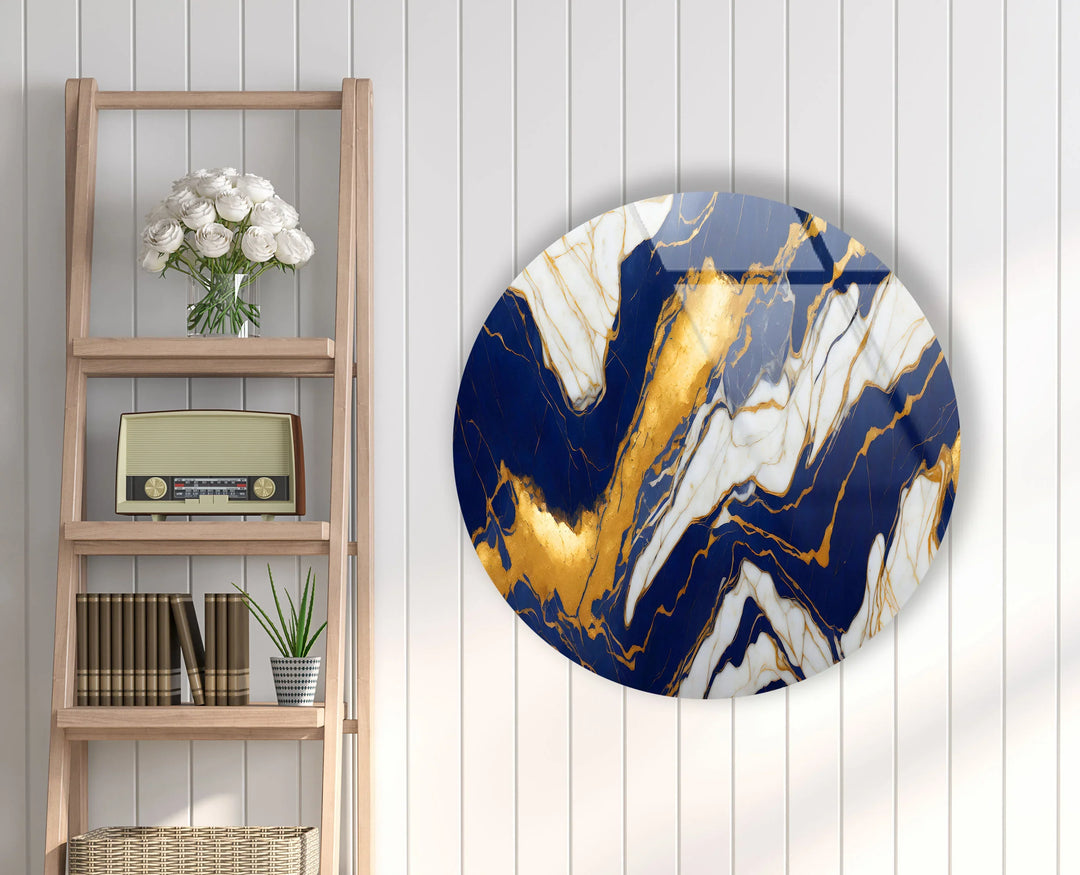 Royal Blue & Gold Marble Round Wall Art – Luxurious Tempered Glass Accent for Modern Interiors - MyPhotoStation