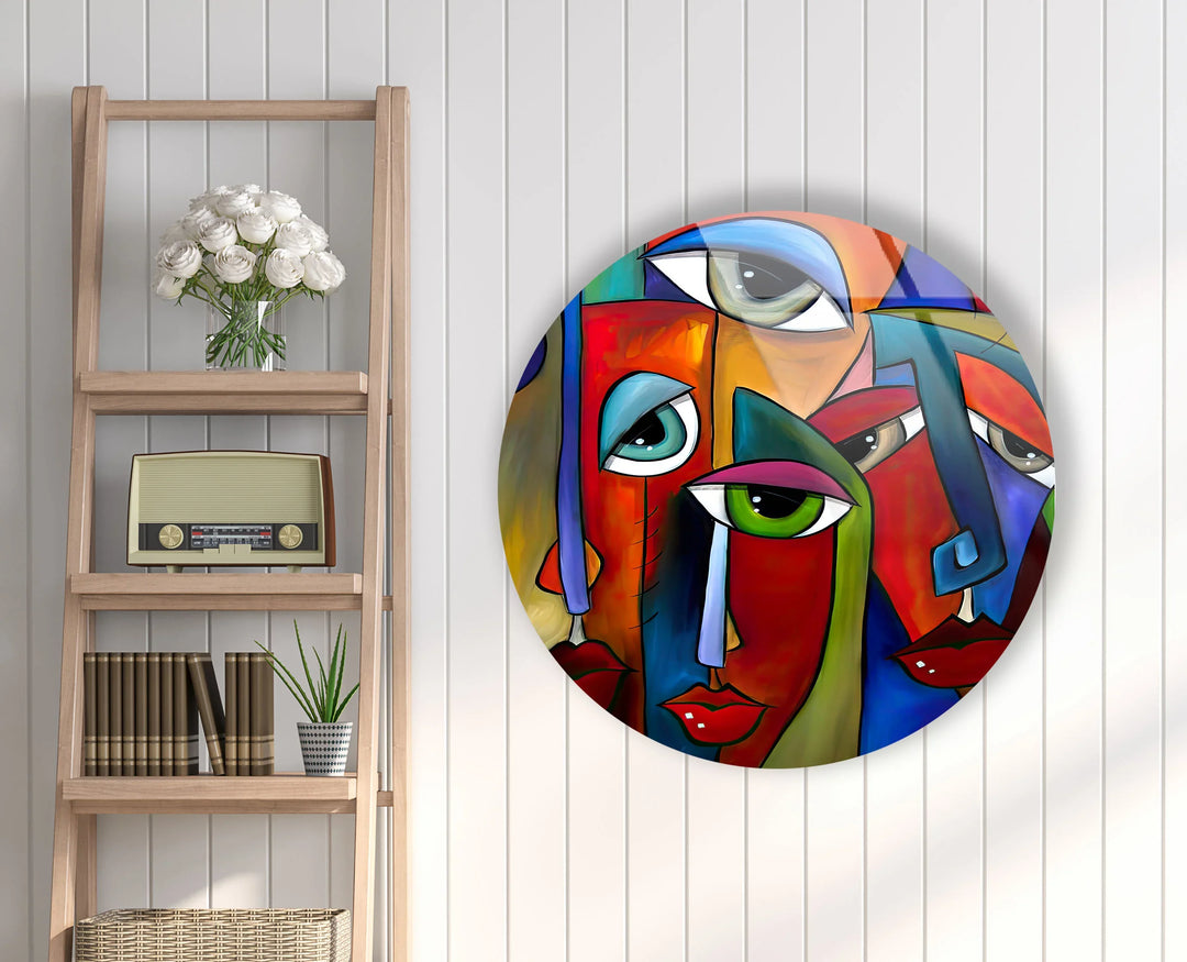 Colorful Cubist Face Round Wall Art – Abstract Glass Decor with Modern Picasso Style - MyPhotoStation