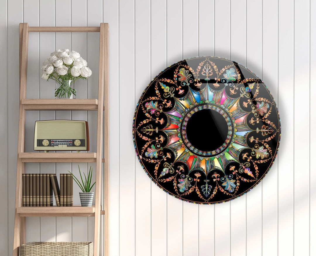 Mandala Round Wall Art – Ornate Colorful Glass Print with Black Background for Luxe Boho or Modern Decor - MyPhotoStation