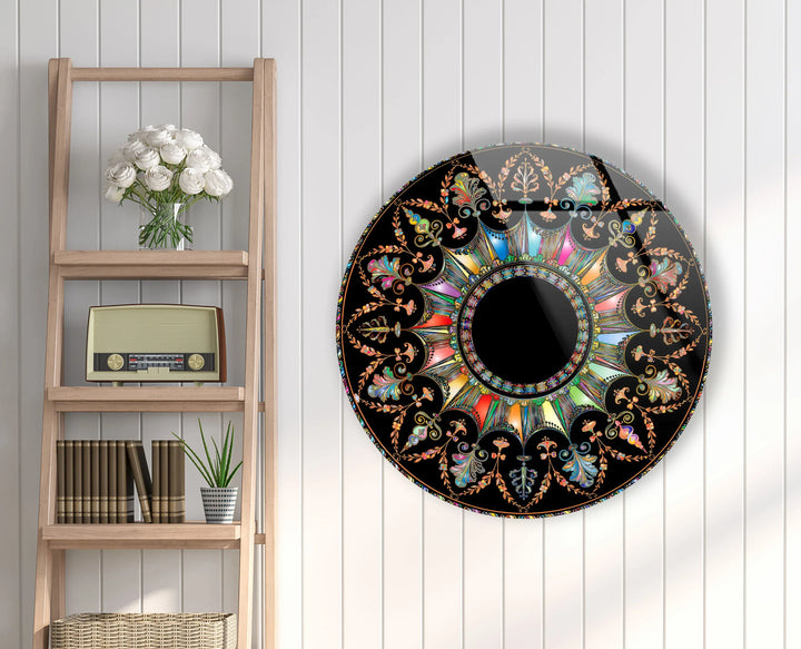 Mandala Round Wall Art – Ornate Colorful Glass Print with Black Background for Luxe Boho or Modern Decor - MyPhotoStation