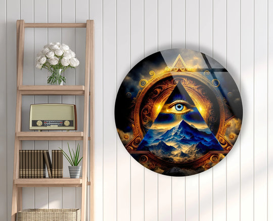 The darkest area of this mystical Eye of Providence round wall art accentuates its tempered glass wall art design, featuring a golden pyramid and mountain scene.