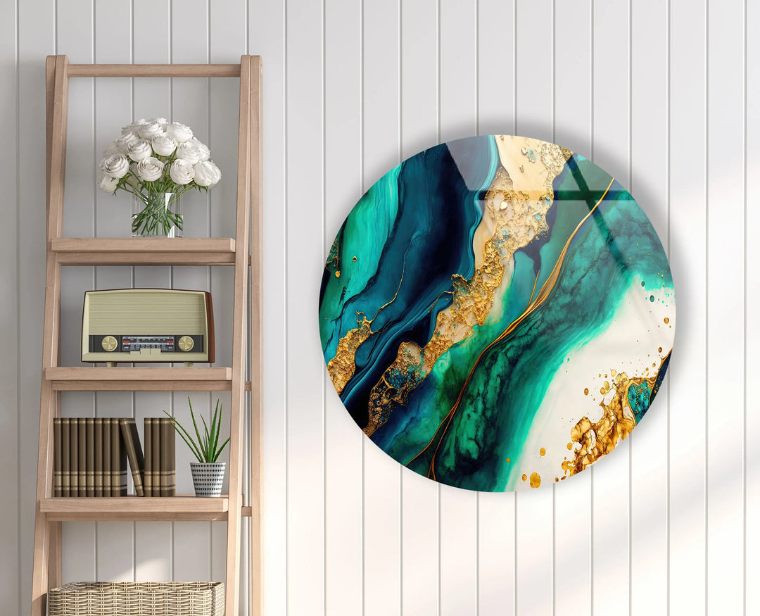 Turquoise Gold Marble Round Wall Art – Ocean-Inspired Luxury Glass Decor for Modern Interiors - MyPhotoStation
