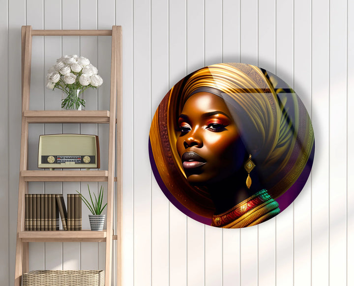 African Woman Portrait Wall Art – Bold Round Glass Print with Golden Headwrap for Modern & Cultural Decor - MyPhotoStation