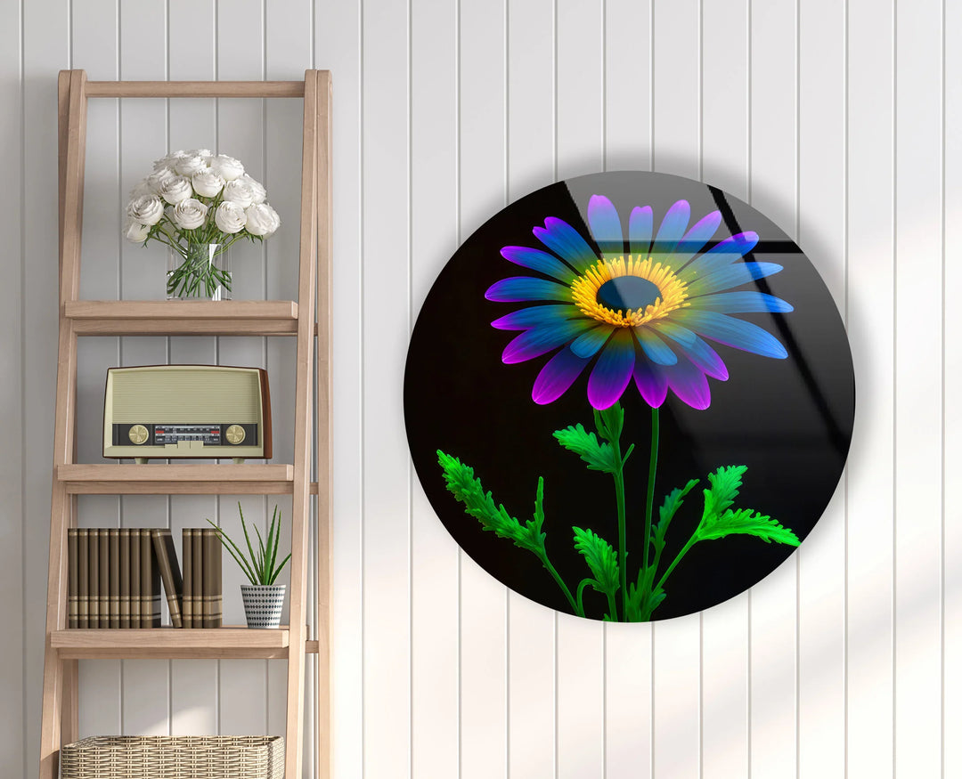 Neon Daisy Flower Wall Art – Round Glass Print with Black Background, Colorful Petals & Green Stem - MyPhotoStation