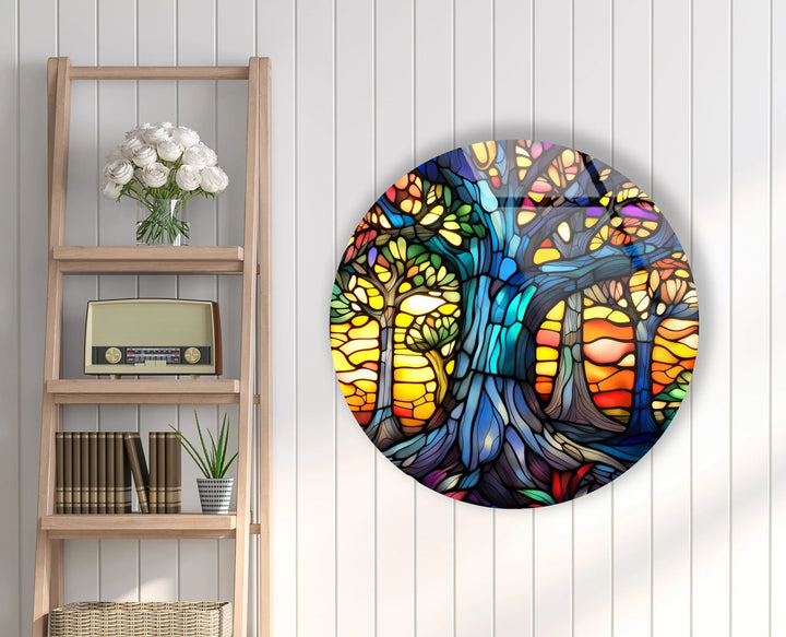 Stained Glass Tree of Life Wall Art – Round Vibrant Forest Print for Spiritual Home Decor - MyPhotoStation